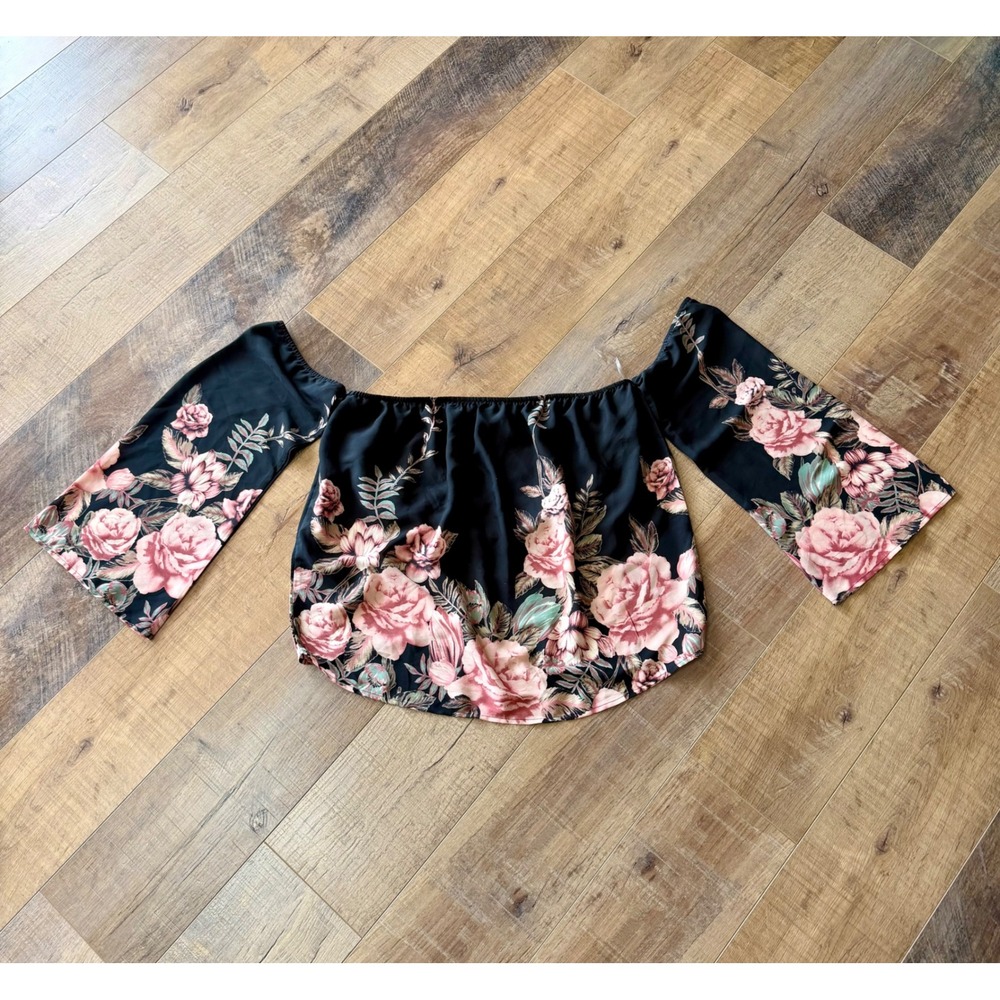Daytrip Women XL Black Pink Rose Floral Off The Shoulder Bell Sleeve Blouse Top